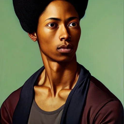 Prompt: A portrait of a skinny modern and stunning non-binary person, medium skin tone, Mexican, oil painting by Kehinde Wiley, majestic, detailed, high resolution