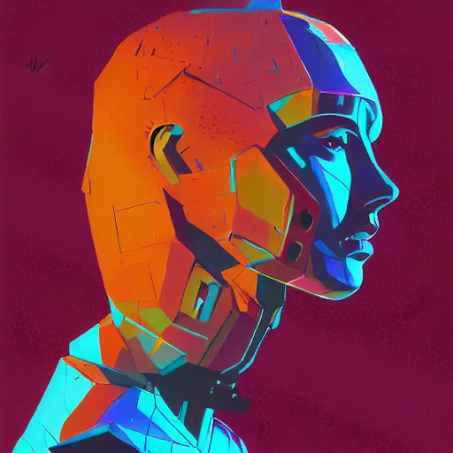 Prompt: a graph - style gouache impasto huge robot head in front of her, cyberpunk art by by james gilleard