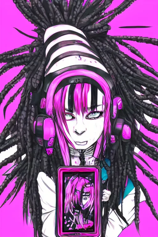 Prompt: portrait of an cybergoth girl with pink and black dreads laying on the floor of her room on ipad, manga, manga art, manga character concept art, vaporwave colors, lo - fi colors, vaporwave, lo - fi, moody vibe, goth vibe, 4 k, hd,