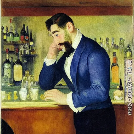 Image similar to portrait of a male bartender, chinese, muscular, brushed - back hair, half - robot, navy zhongshan suit, light blue ascot, monocle, in a bar lit by gold and silver neon lights, manet, renoir, impressionist