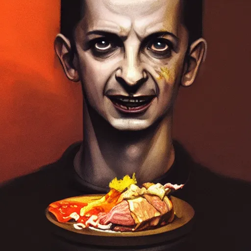 Prompt: portrait of a young and youthful dave gahan as a zombie eating some meat and under a spotlight, 7 days to die zombie, fine art, award winning, intricate, elegant, sharp focus, cinematic lighting, highly detailed, digital painting, 8 k concept art, art by guweiz and z. w. gu, masterpiece, trending on artstation, 8 k