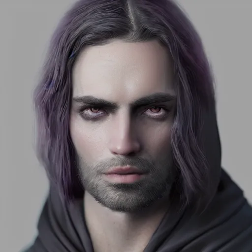 Image similar to a highly detailed portrait of a man with purple eyes, light gray long hair, beardless, wearing a black cloak, artstation, DeviantArt, professional, octane render