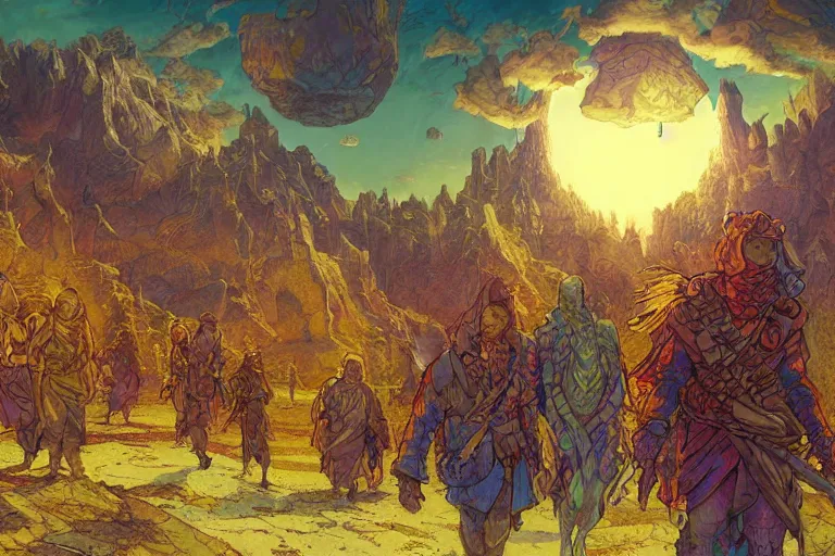 Prompt: group of gamma world mutant merchant nomads walking through a psychedelic landscape, in the style of Rob Lefield and Greg Broadmore and Arthur Rackham and Moebius, trending on artstation, light lighting side view,digital art,surrealism ,macro,blueprint ,vaporwave ,