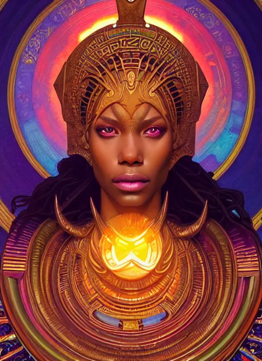 Prompt: close up portrait of ra african symbolism, sun god by artgerm, cushart krenz, greg rutkowski, mucha. art nouveau. gloomhaven, swirly vibrant ripples, gaudy colors, sharp edges. ultra clear detailed. 8 k. elegant, intricate, octane render