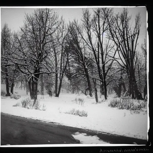 Image similar to snowy fields, snowy trees, partisans with guns, billowing smoke in the distance