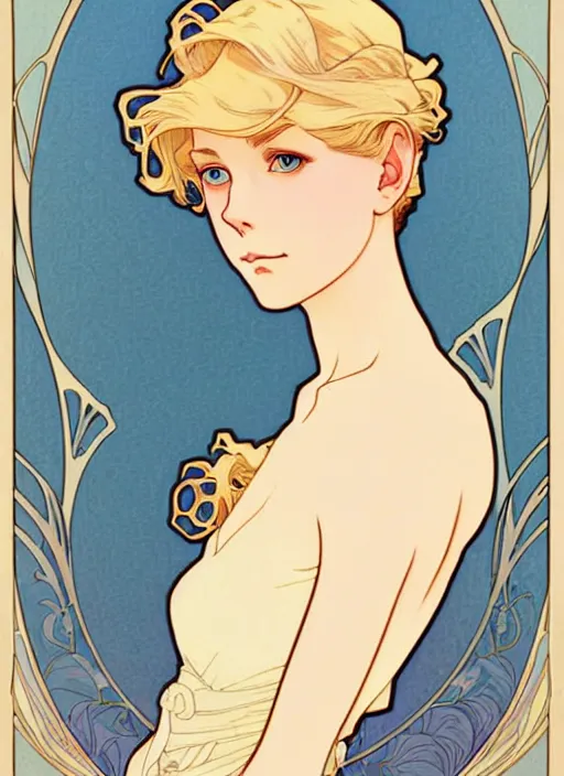 Image similar to art nouveau portrait of a pretty young man with short blond hair, light blue eyes, sad expression, scared, head down, shy and demure, natural lighting, path traced, highly detailed, high quality, cartoon, digital painting, by don bluth and ross tran and studio ghibli and alphonse mucha