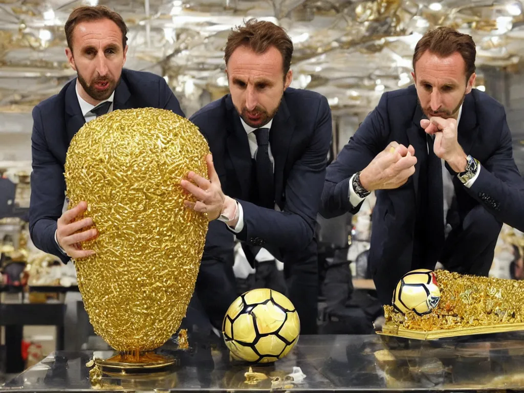 Image similar to a solemn perfect photograph of gareth southgate placing a soccer ball into an intricate gold coffin decorated with hate mail.