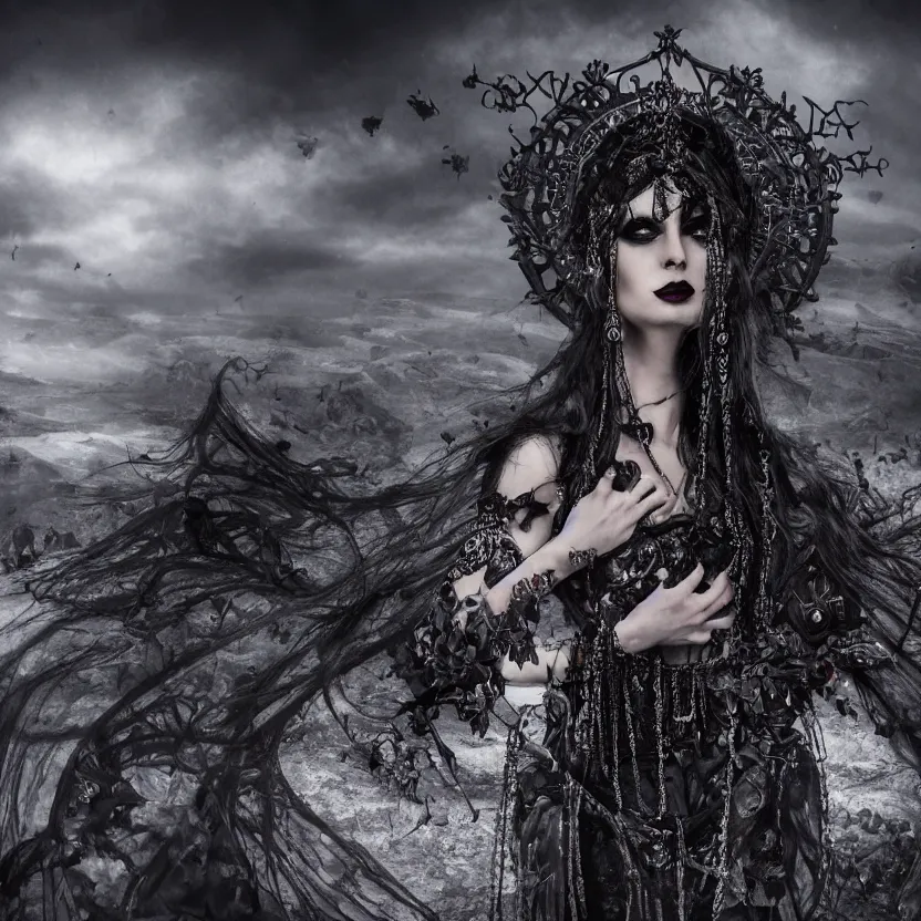 Image similar to A stunning Gothic goddess of jewels in an empty land, dark and mysterious, atmospheric, ominous, eerie, cinematic, Epic, 8k, 4k, ultra detail, ultra realistic, rendered by awesomeness