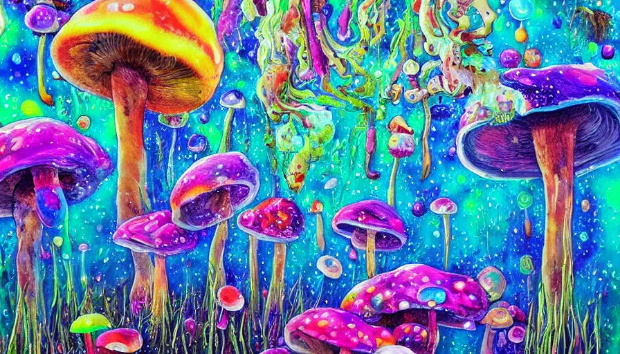 Image similar to trippy mushrooms, sweet dreams, painting on canvas, watedrops, water droplets, acrylic painting, acrylic pouring, painting, influencer, artstation - h 8 0 0