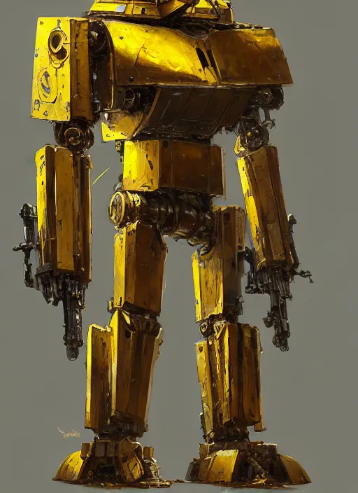 Prompt: human-sized strong intricate yellow pit droid carrying very detailed perfect antique great sword and beautiful large paladin shield, pancake short large head, exposed metal bones, painterly humanoid mecha, epic glorious, by Greg Rutkowski