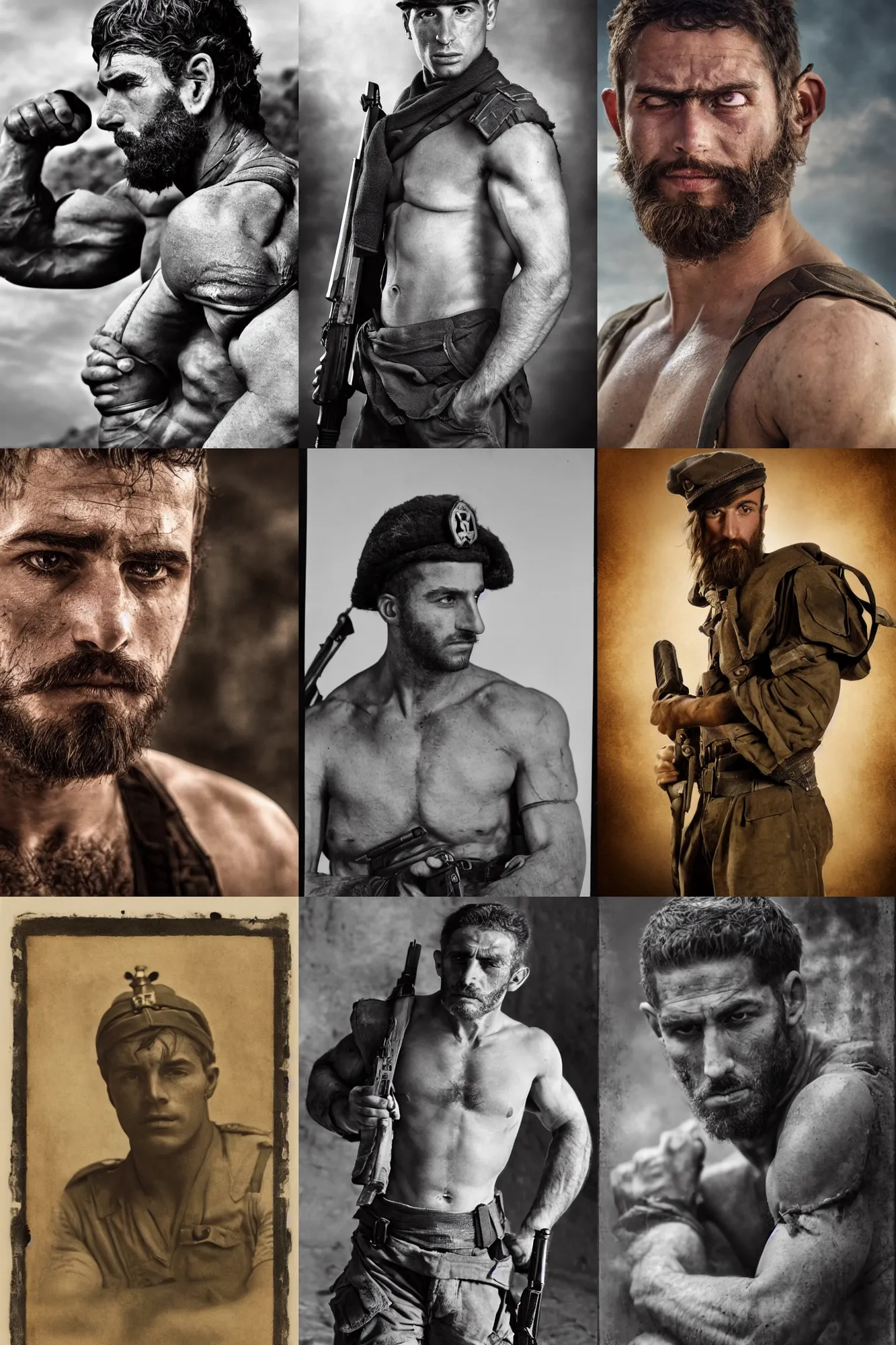 Prompt: portrait of a jewish soldier. rugged young man, very beautiful. big muscles, sneering. many scars. cinematic lighting, highly detailed, full body shot. Action movie still.