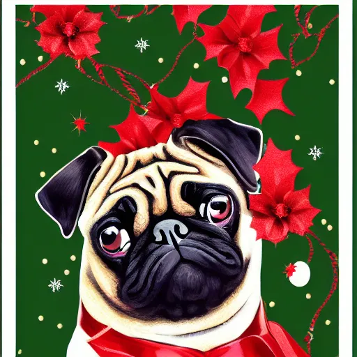 Image similar to christmas card, pug black infront of leg, high beauty vine, artstation, ample lighting, flower mosaic, dna, intense fantasy