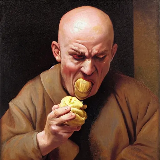 Prompt: vivid renaissance oil painting of an old bald man angrily eating ice cream