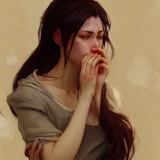 Prompt: a beautiful crying woman, highly detailed, digital painting, artstation, concept art, smooth, sharp, focus, illustration, art by artgerm and greg rutkowski and alphonse mucha