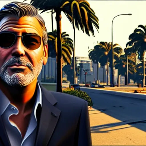 Image similar to george clooney in gta v. los santos in background, shallow depth of field, palm trees in the art style of stephen bliss