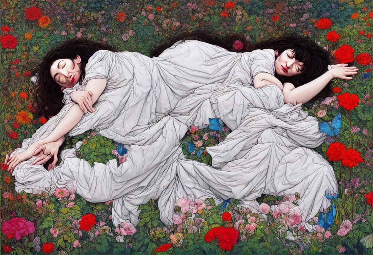 Prompt: ! dream portrait of kate bush sleeping in a garden by james jean