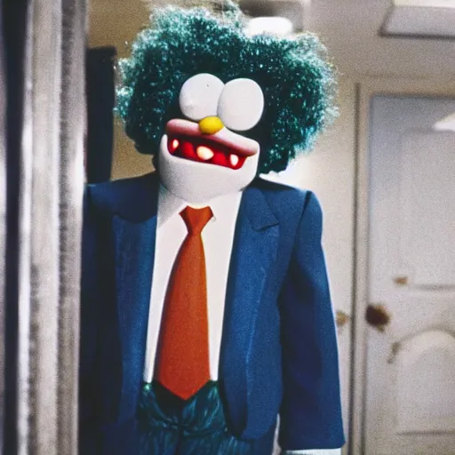 Image similar to still image of krusty the clown from the simpsons in the dark knight, cinematic, anamorphic, 8 0 mm f / 2. 8 l, 3 5 mm film, movie