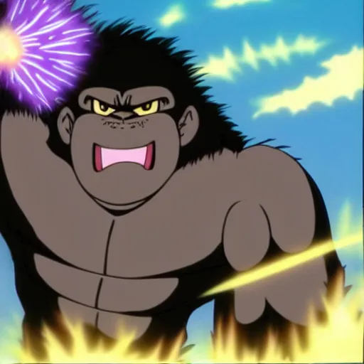 Prompt: an anime scene of an angry gorilla with hands upraised, charging a large purple white ball of energy above his head, by akira toriyama