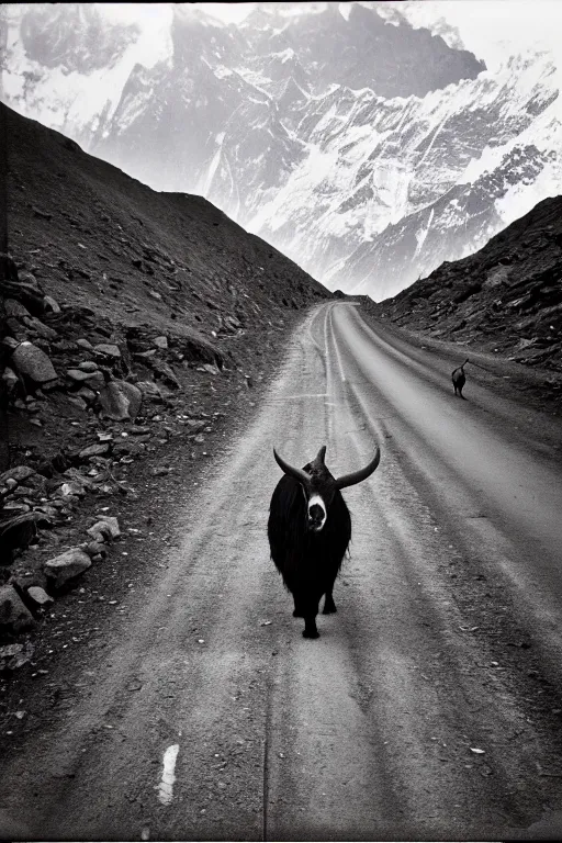 Prompt: photo polaroid of a sad and lonely child in the middle of a mountain road with many tahr on either side , Nepal,Himalayas, loneliness, black and white ,photorealistic, 35mm film,