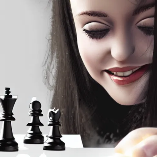 Prompt: a young woman holding a chess piece in her hands while smiling seductively, photo realistic, hyper detailed