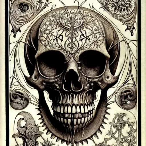 Image similar to memento mori by arthur rackham, art forms of nature by ernst haeckel, exquisitely detailed, art nouveau, gothic, ornately carved beautiful skull dominant, intricately carved antique bone, art nouveau botanicals, ornamental bone carvings, art forms of nature by ernst haeckel, horizontal symmetry, arthur rackham, ernst haeckel, symbolist, visionary