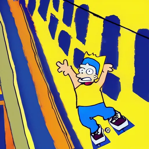 Image similar to A boy, ((Bart Simpson)), skateboarding down a flight of stairs at home, digital art, 4K, 8K