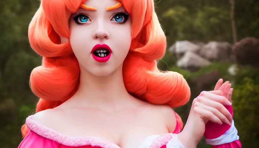 Image similar to amazing cosplay of princess peach from mario, symmetrical, cinematic, real photography, 4 k, ultra hd