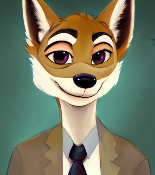 Image similar to oil painting of anthromorphic female wolf, in style of zootopia, zootopia, zootopia, fursona, furry, furaffinity, 4 k, deviantart, furry art, fursona art, wearing black business suit, business suit, in style of zootopia, wolf fursona, cyberpunk, female, expressive detailed feminine face,