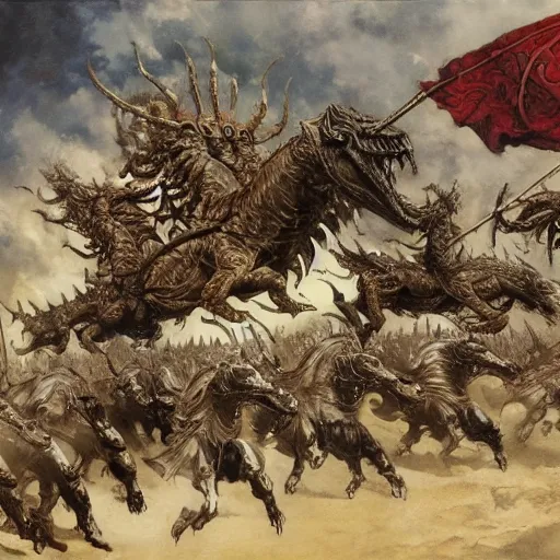 Image similar to an army of draconians riding beasts with flag bearers and trumpeters, intricate detail, royo, vallejo, frazetta, giger, whealan,