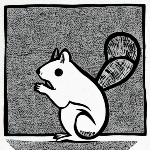 Image similar to squirrel, cute, block print, simple stylized, black ink on white paper