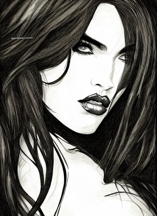 Prompt: concpet art, full shot, traditional ink, sketch, of megan fox as poison ivy, line sketch, intricate, elegant, highly detailed, monochrome, digital painting, artstation, concept art, green, black, red ink sharp focus, illustration, art by borderlands 3 and peter polach