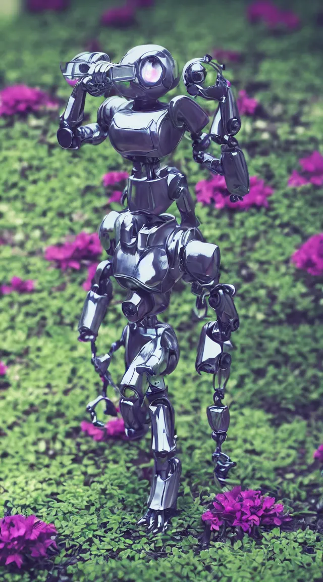 Prompt: small toy robot in a garden, hyper detailed, sharp focus, bokeh, unreal engine, ray tracing, cute, fantasy, sci fi, purple lights, tiny, small