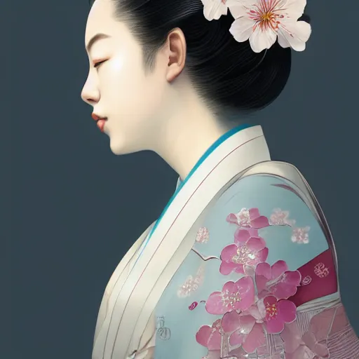 Prompt: side portrait of a young japanese woman wearing a kimono, cherry blossom crown, white hair, long hair, hair down, headshot, hyper realistic, pale skin, 4k, rule of thirds, extreme detail, detailed drawing, trending artstation, hd, fantasy, D&D, realistic lighting, by Alphonse Mucha, Greg Rutkowski, sharp focus, backlit, elegant