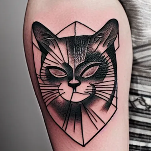 Prompt: a geometric style tattoo of a siamese cat sleeping in a bowl of ramen