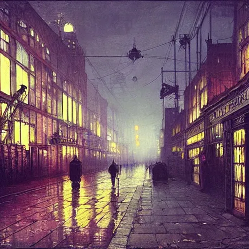 Prompt: dieselpunk city, john atkinson grimshaw