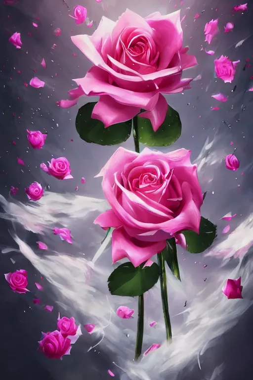 Image similar to concept art magic invisible blades slicing through a bouquet of white and pink roses, flowers exploding and spraying, big puffy clouds, large rose petals, lotus petals, large polygonal background elements, large polygons, dramatic anime, dramatic lighting, artgerm, manga, trending on artstation, marco bucci, mature colors