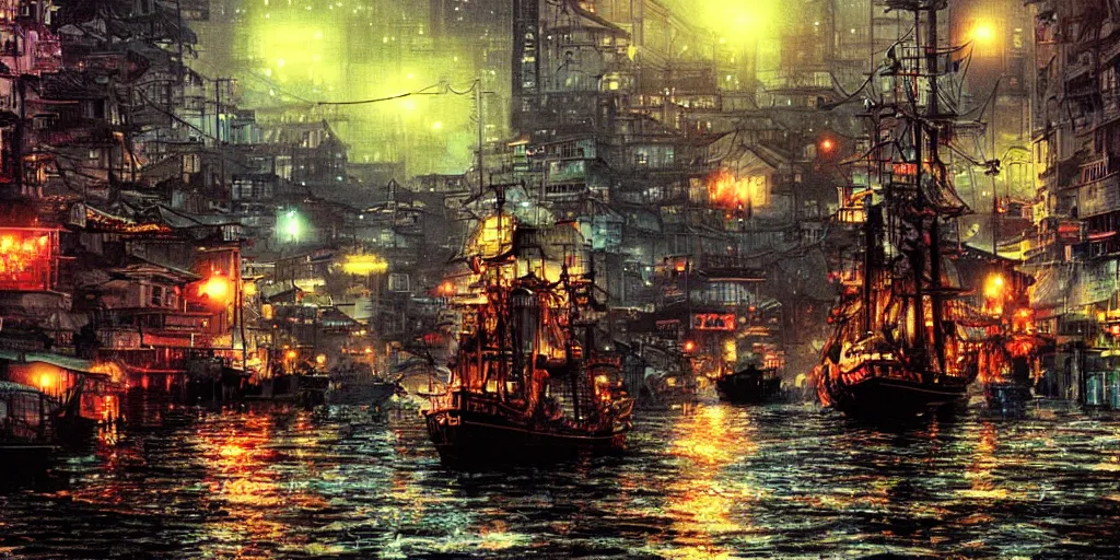 Prompt: cruiser sailing on flooded miniature kowloon city at night, raining, misty, art by yoshitaka amano, and artgerm, pixel art