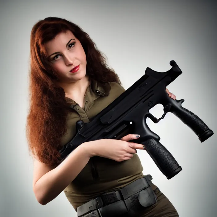 Image similar to photograph of a real-life beautiful woman holding an uzi. Extremely detailed. 8k