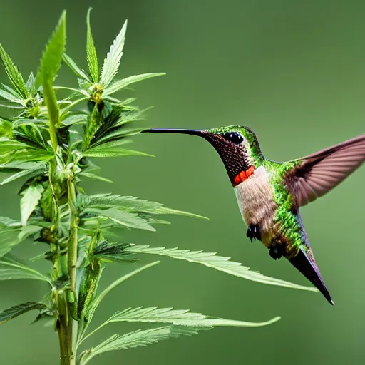Prompt: beautiful hummingbird drinking from a marijuana plant, wildlife photography, highly detailed, high quality, 8 k, soft lighting,