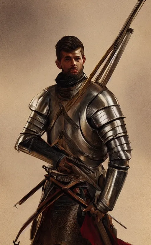 Image similar to Portrait of a medieval knight holding a long rifle, male, detailed face, fantasy, highly detailed, cinematic lighting, digital art painting by greg rutkowski