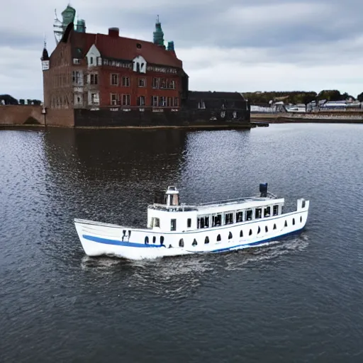 Image similar to a blue white black ferry at the sea outside kronborg castle