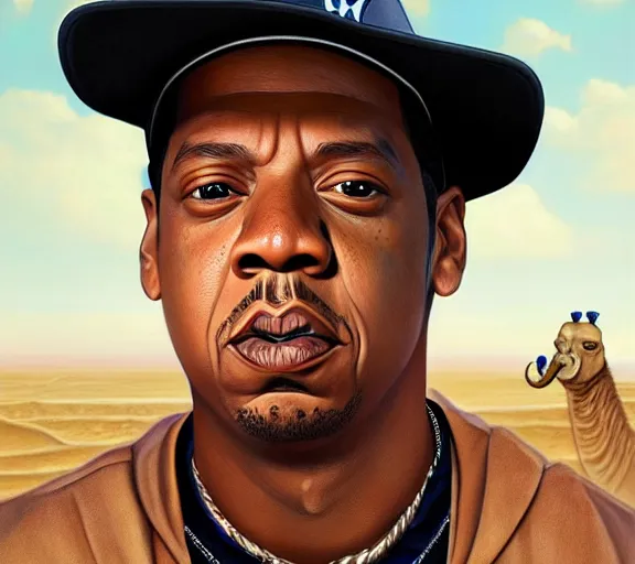 Image similar to portrait of jay - z wearing a yankee baseball hat and a black t - shirt, standing next to a camel, sand desert fantasy, matte painting, highly detailed, art by artgerm, artstation