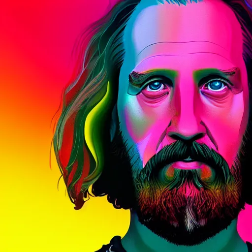 Prompt: a colorful closeup portrait of the dude from the big lebowski. he holds all the wisdom of the world in his eyes. dreamy vibes floating head and dreaming psychedelic hair. halo behind his head. trending on artstation. intricate detail. hyperrealistic 8 k. flat design