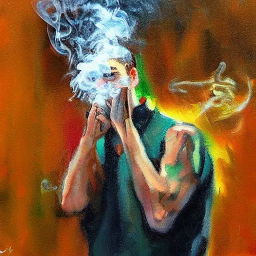 Image similar to smoker. smoke. happiness. art. impressionism