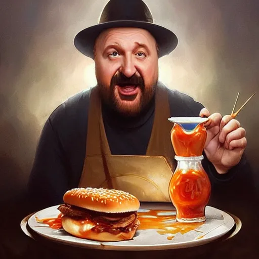 Prompt: louie ck eating big macs, dripping BBQ Sauce, serving happy meals, D&D, spilling ketchup, fantasy, intricate, elegant, highly detailed, digital painting, artstation, concept art, matte, sharp focus, illustration, hearthstone, art by Artgerm and Greg Rutkowski and Alphonse Mucha