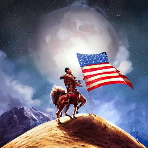 Prompt: A hyper real comic book style portait painting of a persian cat man riding a horse on the moon, Chile flag on the ground, unreal 5, hyperrealistic, octane render, cosplay, RPG portrait, dynamic lighting