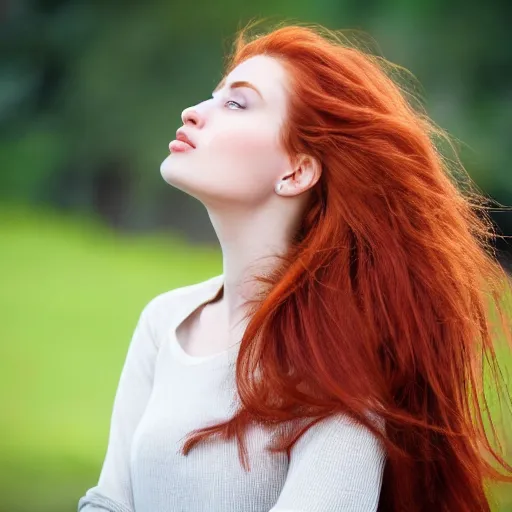 Prompt: a very beautiful young woman with auburn hair with a streak of white