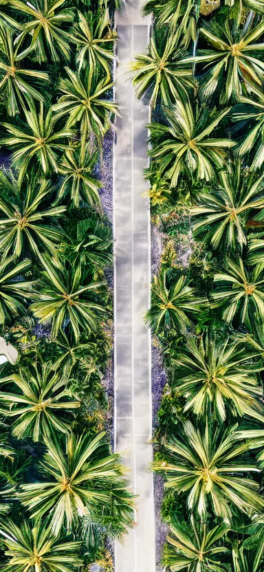 Prompt: highly aerial photo of walkway with palm trees, by shunji dodo, 8 k resolution, photo, high quality