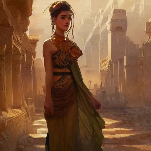 Image similar to A twenty year old Mesopotamian witch in training, in a major Mesopotamian city, highly detailed, digital painting, artstation, concept art, sharp focus, illustration, cinematic lighting, art by artgerm and greg rutkowski and alphonse mucha