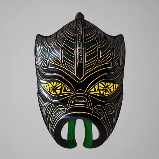 Image similar to symmetrical product photograph of a waterlily shaped ornate samurai mask
